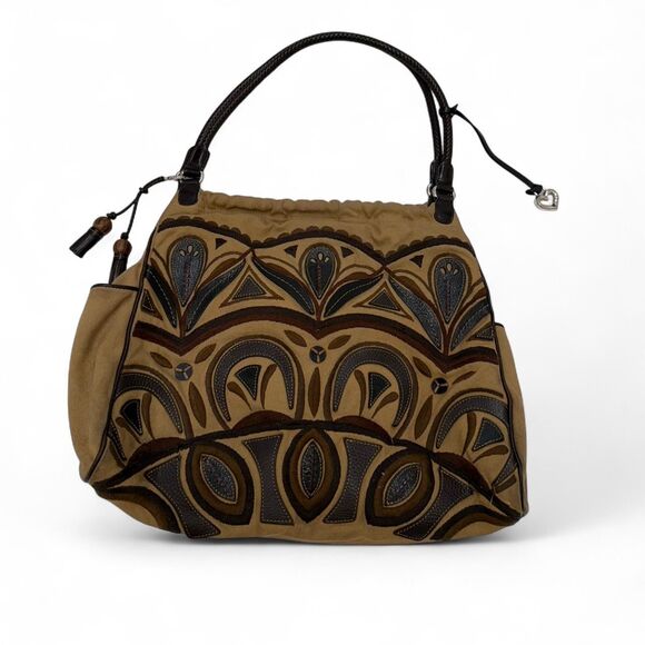 Brighton canvas shoulder bag brown embroidered hobo heart charm large tote - Picture 1 of 7